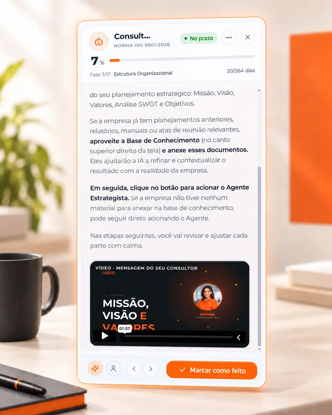 Agente de Implementação ISO 9001:2026 no Templum OS com progresso, orientação e próximos passos